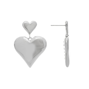 Rhodium Double Heart Drop Earrings