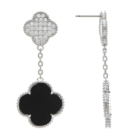 Rhodium Onyx + Pavé CZ Double Clover Drop Earrings