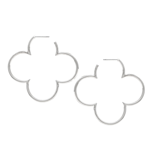 Rhodium Polished Flower Hoop Earrings