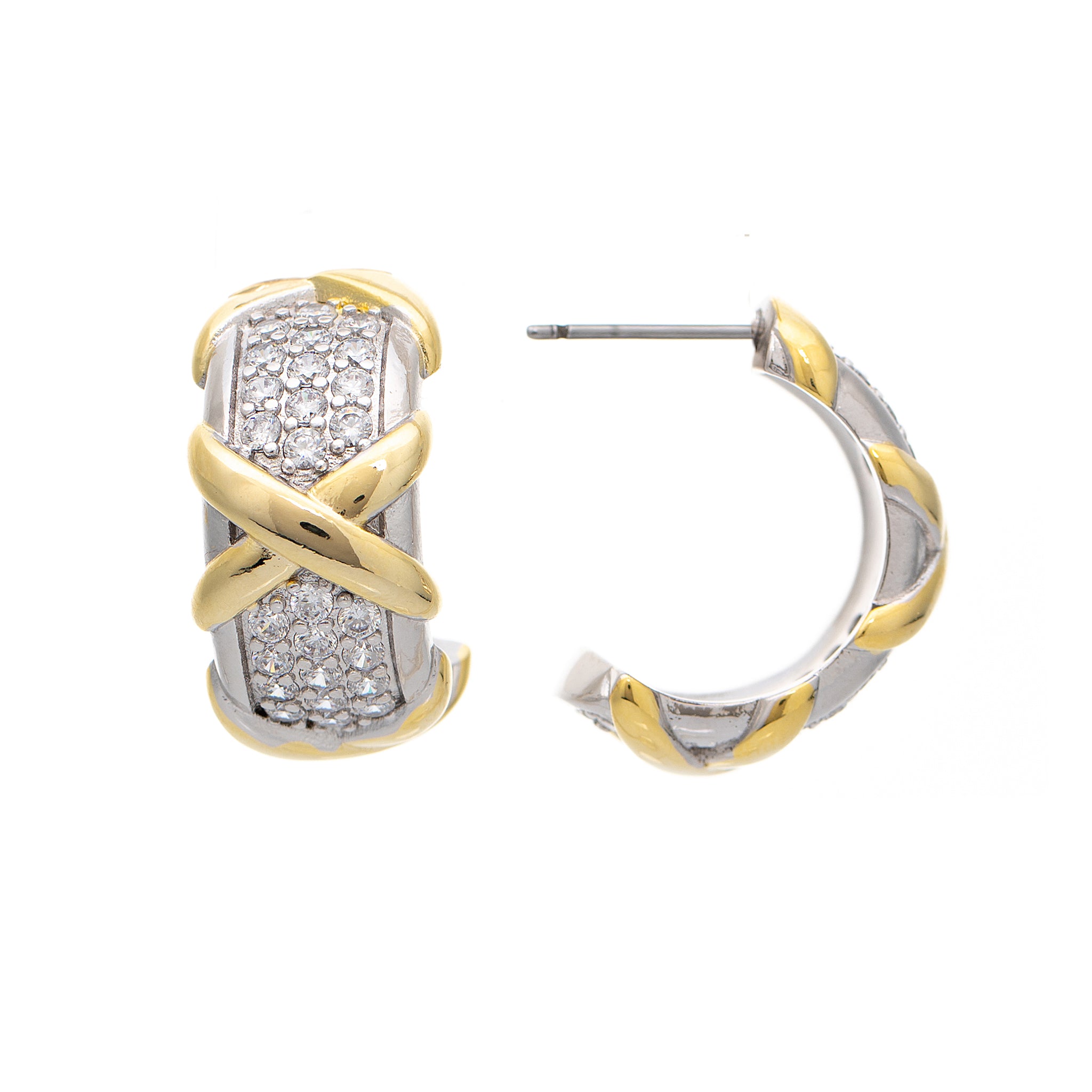 Two Tone Criss Cross CZ Hoop