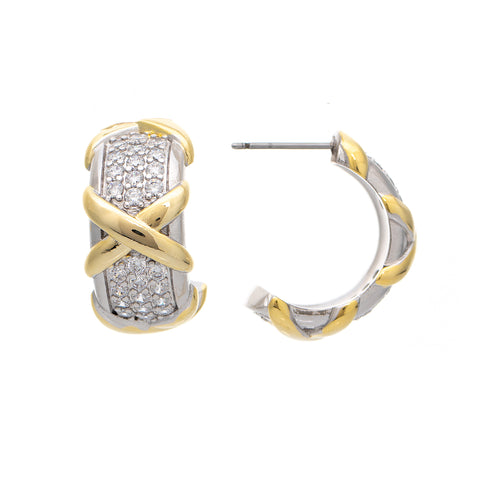 Two Tone Criss Cross CZ Hoop