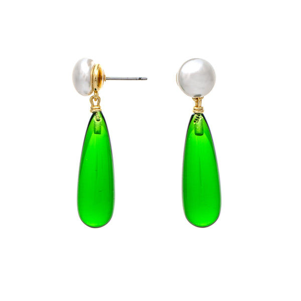 Pearl + Green Elongated Teardrop Drop Earring