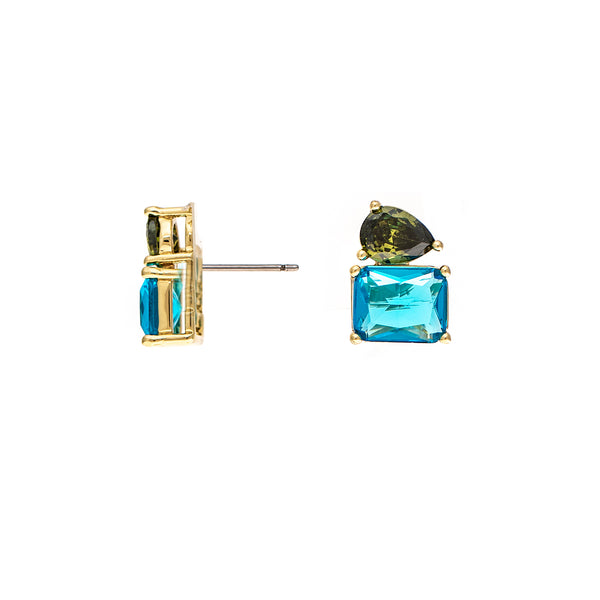 Pear + Princess Apple Green and Blue CZ Stud Earring