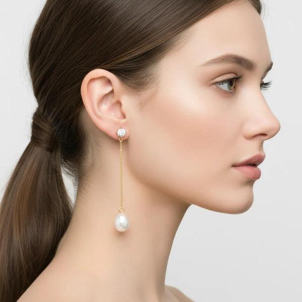 Chain Drop Earrings with CZ and Freshwater Pearl