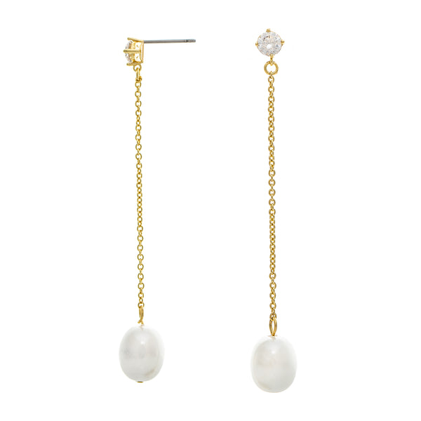 Chain Drop Earrings with CZ and Freshwater Pearl