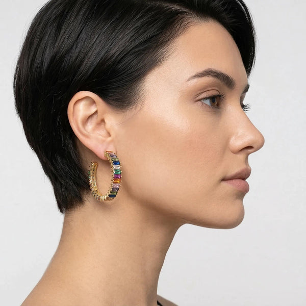 Multi-Color Cubic Zirconia Baguette Inside Out Hoop Earrings