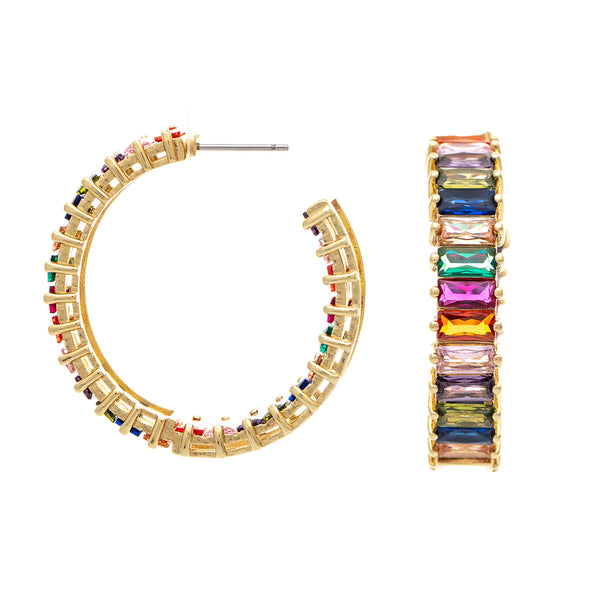 Multi-Color Cubic Zirconia Baguette Inside Out Hoop Earrings