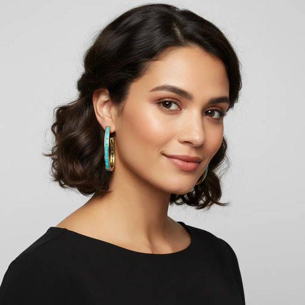 Turquoise Cubic Zirconia Inside Out Hoop Earrings