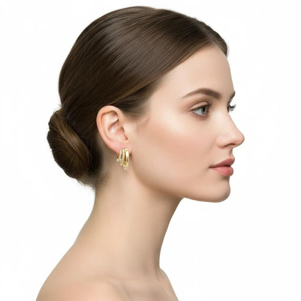 Triple Hoop Earring with CZ and Cable Accents