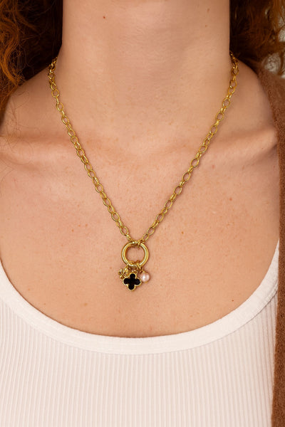 Polished Link Onyx + Pearl Charm Necklace