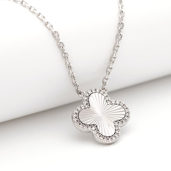 Rhodium Satin and CZ Flower Pendant