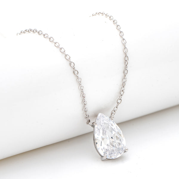 Rhodium Pear CZ Solitaire Necklace