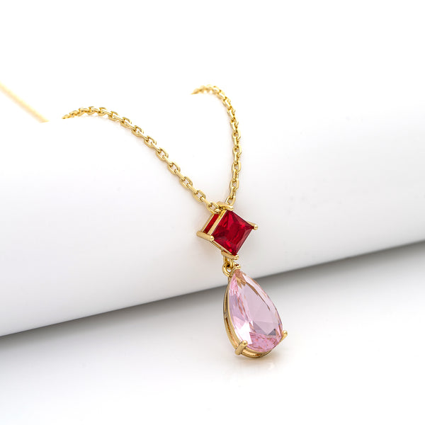 Ruby and Pink CZ Double Drop Pendant Necklace