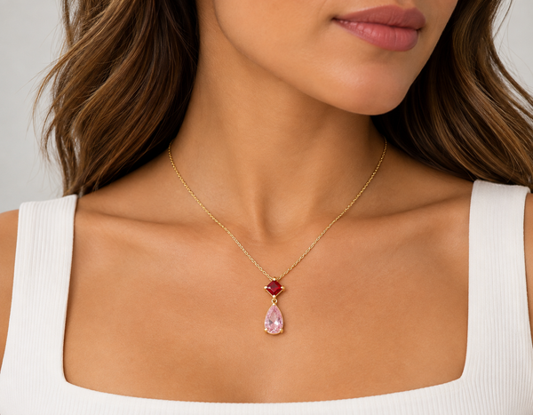 Ruby and Pink CZ Double Drop Pendant Necklace