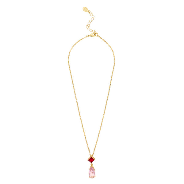 Ruby and Pink CZ Double Drop Pendant Necklace