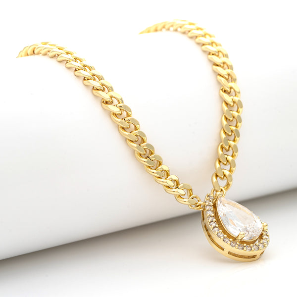 Teardrop CZ Pendant on Curb Link Chain