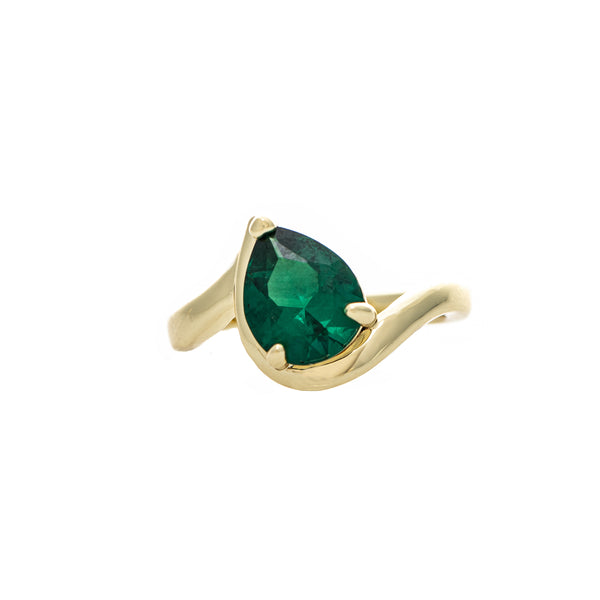 Emerald Pear CZ Solitaire on Wavy Band