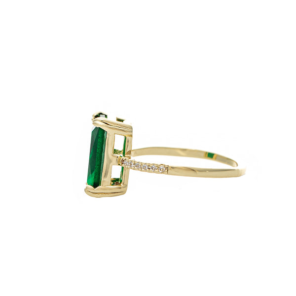 Emerald CZ Solitaire Ring with Pavé Band