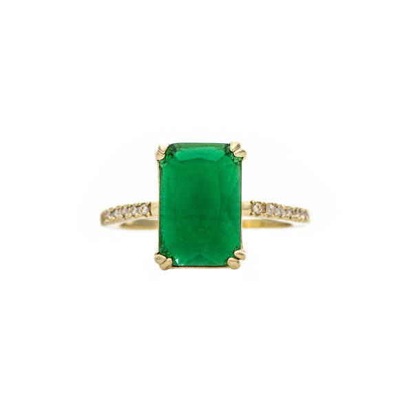 Emerald CZ Solitaire Ring with Pavé Band