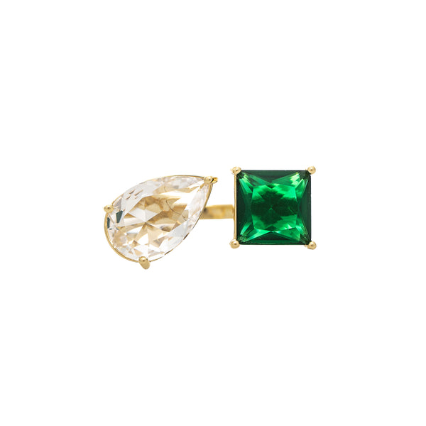 Pear and Square Emerald Green CZ Moi et Toi Ring
