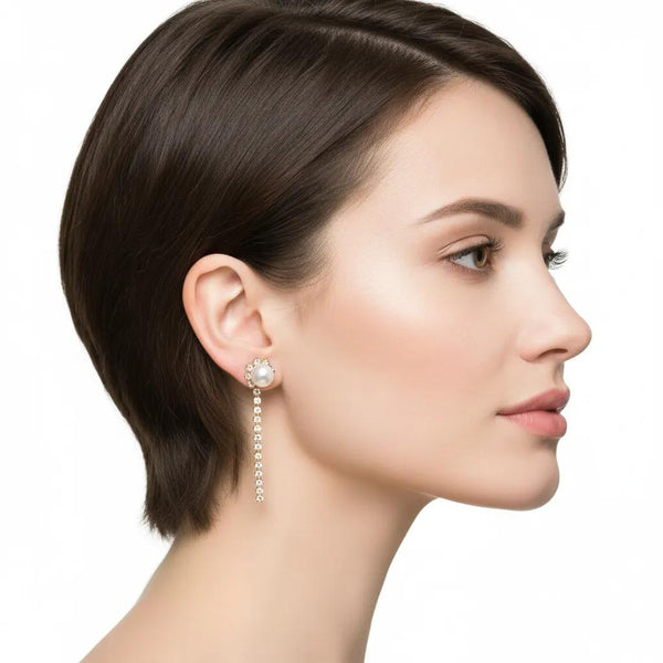 Imitation Pearl + CZ line Drop Earring