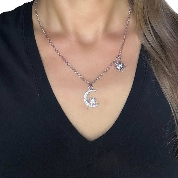 Rhodium Moon & Star Necklace