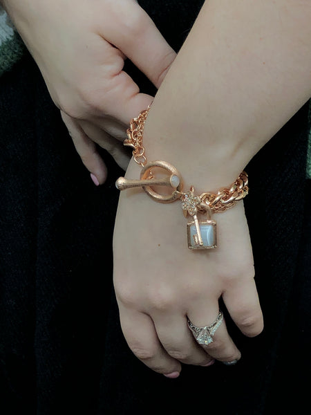 Multi Chain Rose Gold Gem Stone Charm Toggle Bracelet