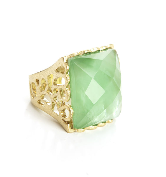 Apple Green + Mother Of Pearl Doublet  Square Scalloped Edge Cocktail Ring - Closeout