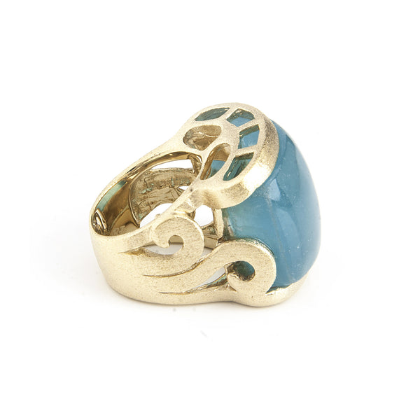 Caribbean Blue Quartzite Carved East West Scroll Cocktail Ring - Closeout