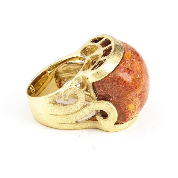 Coral Satin Carved East West Scroll Cocktail Ring - Closeout