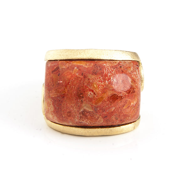 Coral Satin Carved East West Scroll Cocktail Ring - Closeout