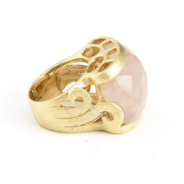 Rose Quartz Carved East West Scroll Cocktail Ring - Closeout