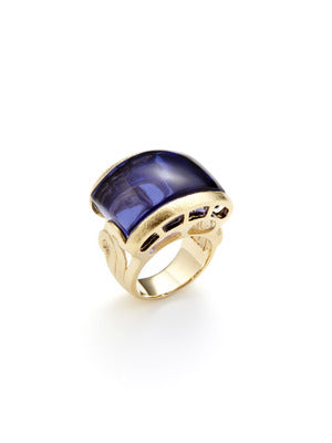 Cabochon Iolite Carved East West Scroll Cocktail Ring Size 8 - Closeout