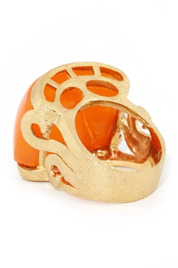 Orange Quartzite Carved East West Scroll Cocktail Ring - Closeout