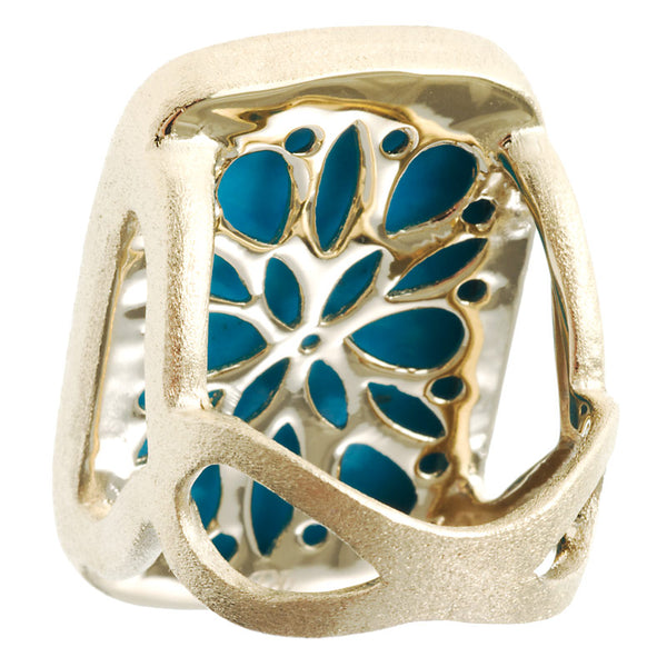 London Blue Over Mother Of Pearl Doublet Bold Rectangular Open Shank Cocktail Ring