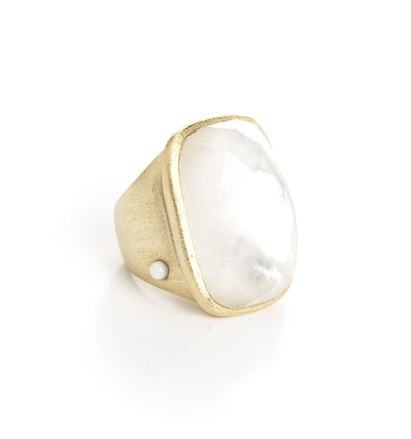 Rock Crystal-Mother Of Pearl Doublet Cocktail Ring + Side Accent