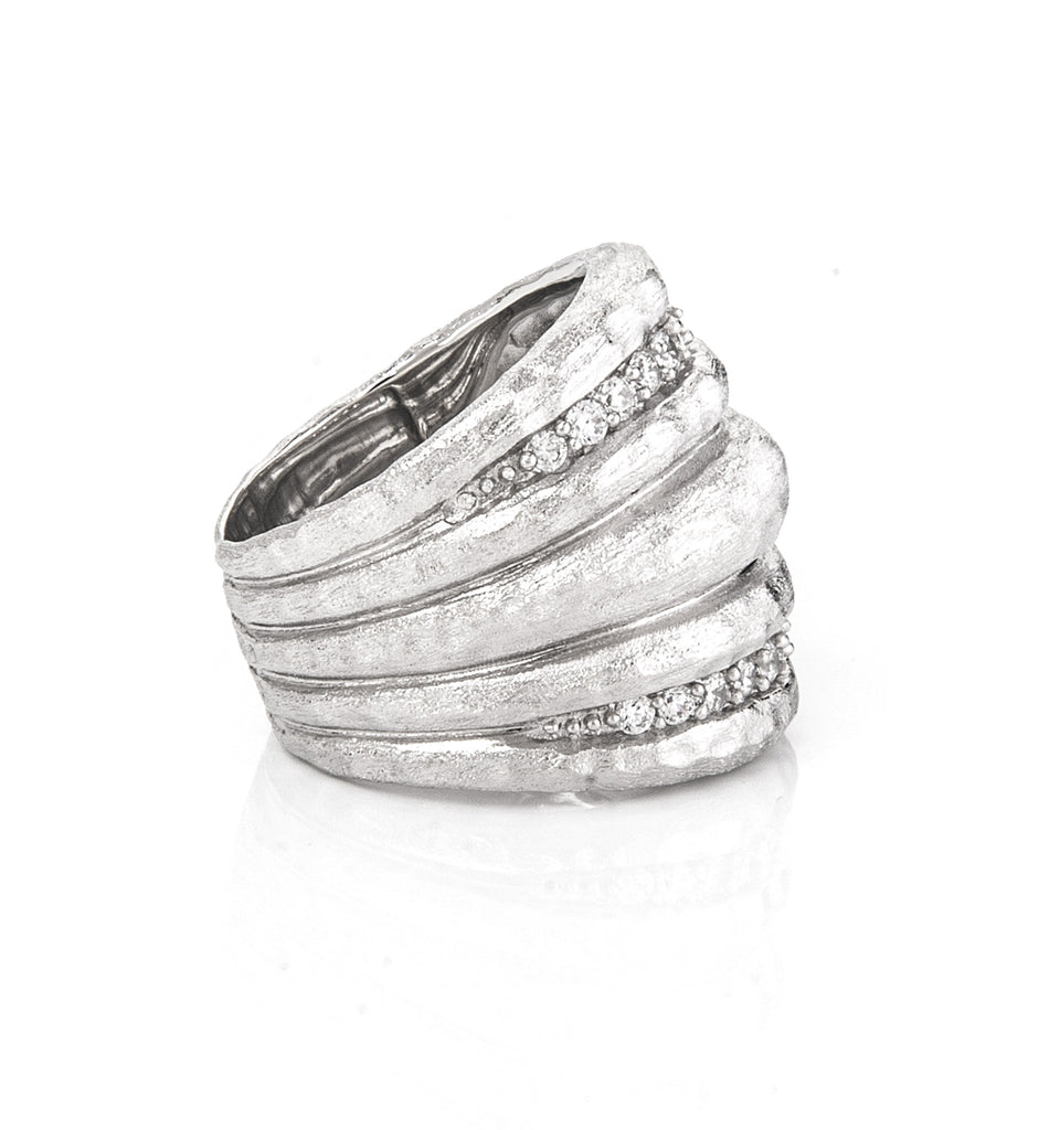 Simulated Diamond Hammered Wide Band Rhodium Ring – Rivka Friedman Jewelry