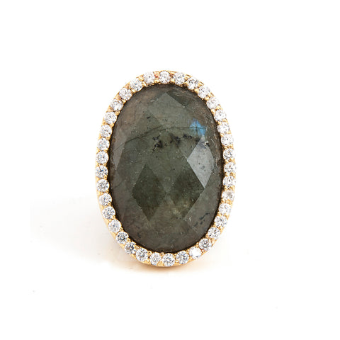 Labradorite + Simulated Diamond Bold Oval Bezel Ring - Closeout