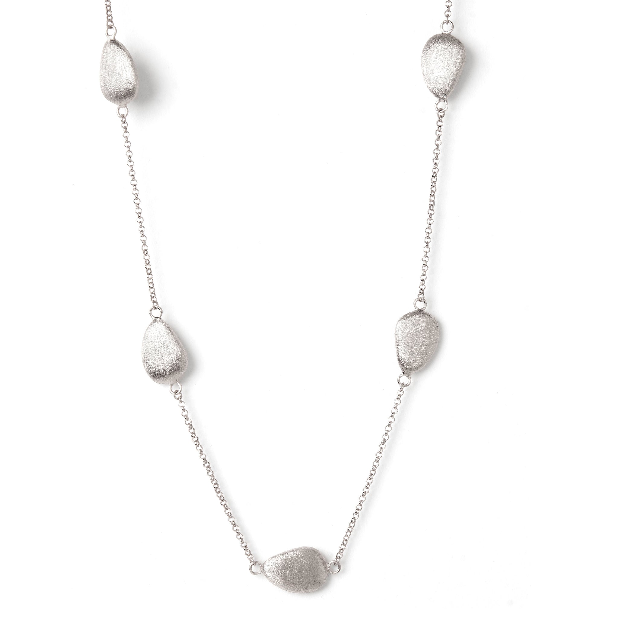 White Rhodium Satin Pebble 18" Station Necklace - Closeout