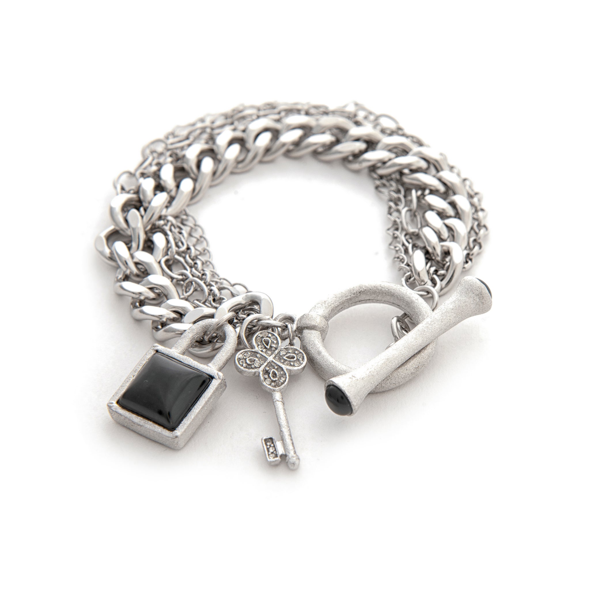 Multi Chain White Rhodium Gem Stone Charm Toggle Bracelet - Closeout