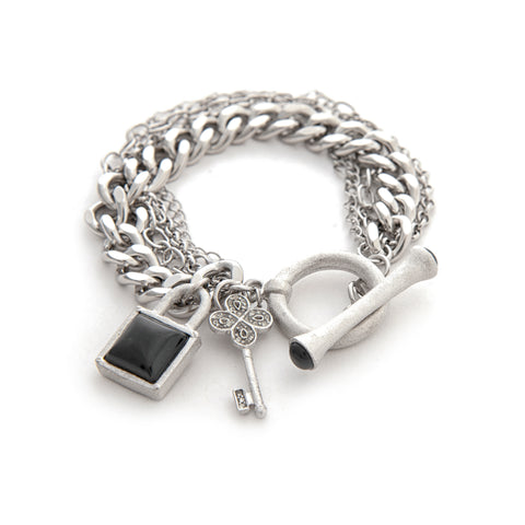 Multi Chain White Rhodium Gem Stone Charm Toggle Bracelet