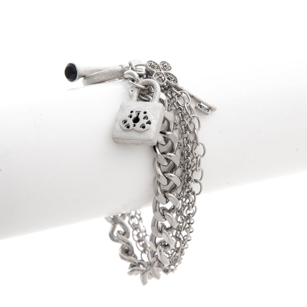 Multi Chain White Rhodium Gem Stone Charm Toggle Bracelet - Closeout
