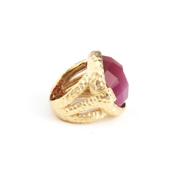Raspberry Cat's Eye Round Hammered Satin Cocktail Ring - Closeout