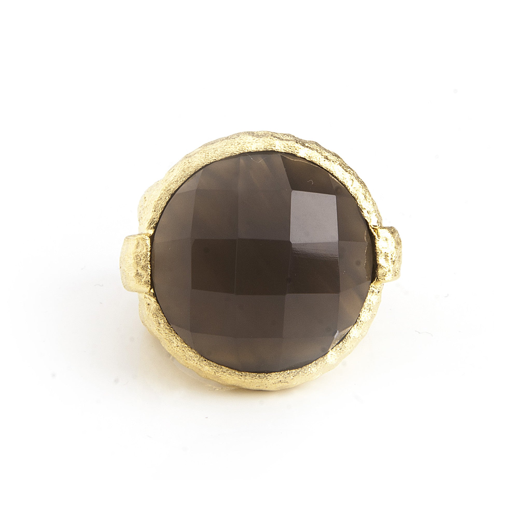Grey Chalcedony Round Hammered Satin Cocktail Ring - Closeout