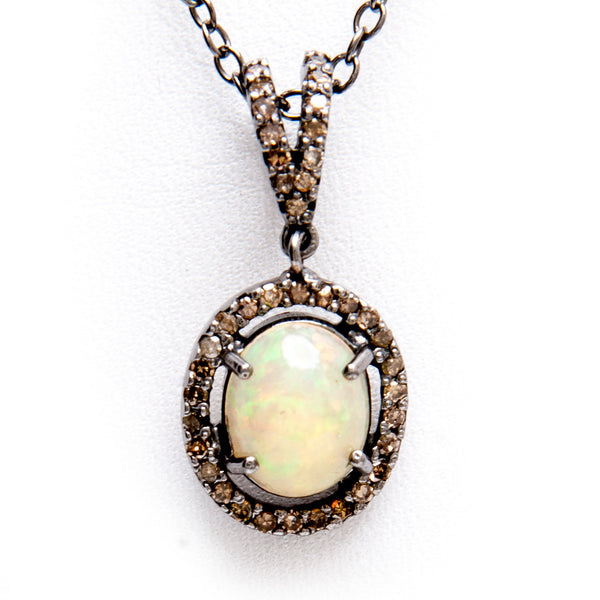 Oxidized Sterling Opal + Champagne Diamond Pendant - Closeout