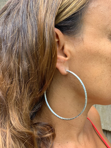 Rhodium Textured Satin Hoop Earrings 3"