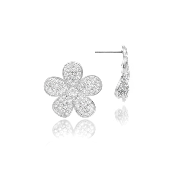 Rhodium Cubic Zirconia Flower Stud Earrings - Closeout