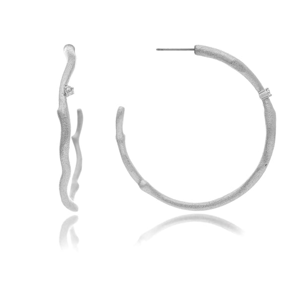 Rhodium Bamboo + CZ Hoop Earrings