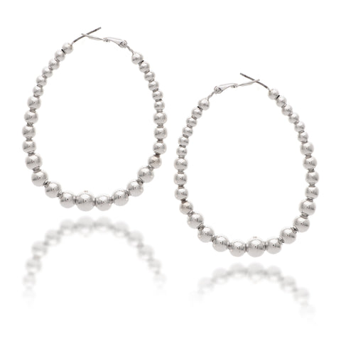 White Rhodium Polished Graduating Bead Long Oval Earrings
