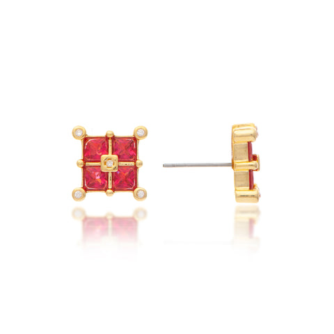 Ruby Crystal Square Cluster Stud Earrings